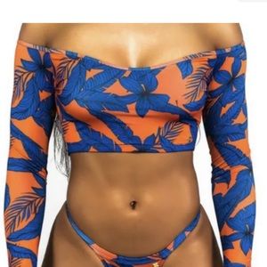NEW B FYNE orange blue long sleeve swim top size S crop tropical print P26